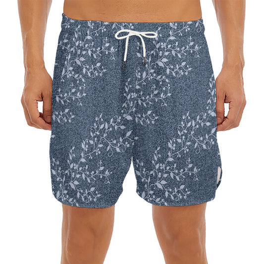 Ivy Flower Denim Jeans Pattern Print Men's Split Running Shorts