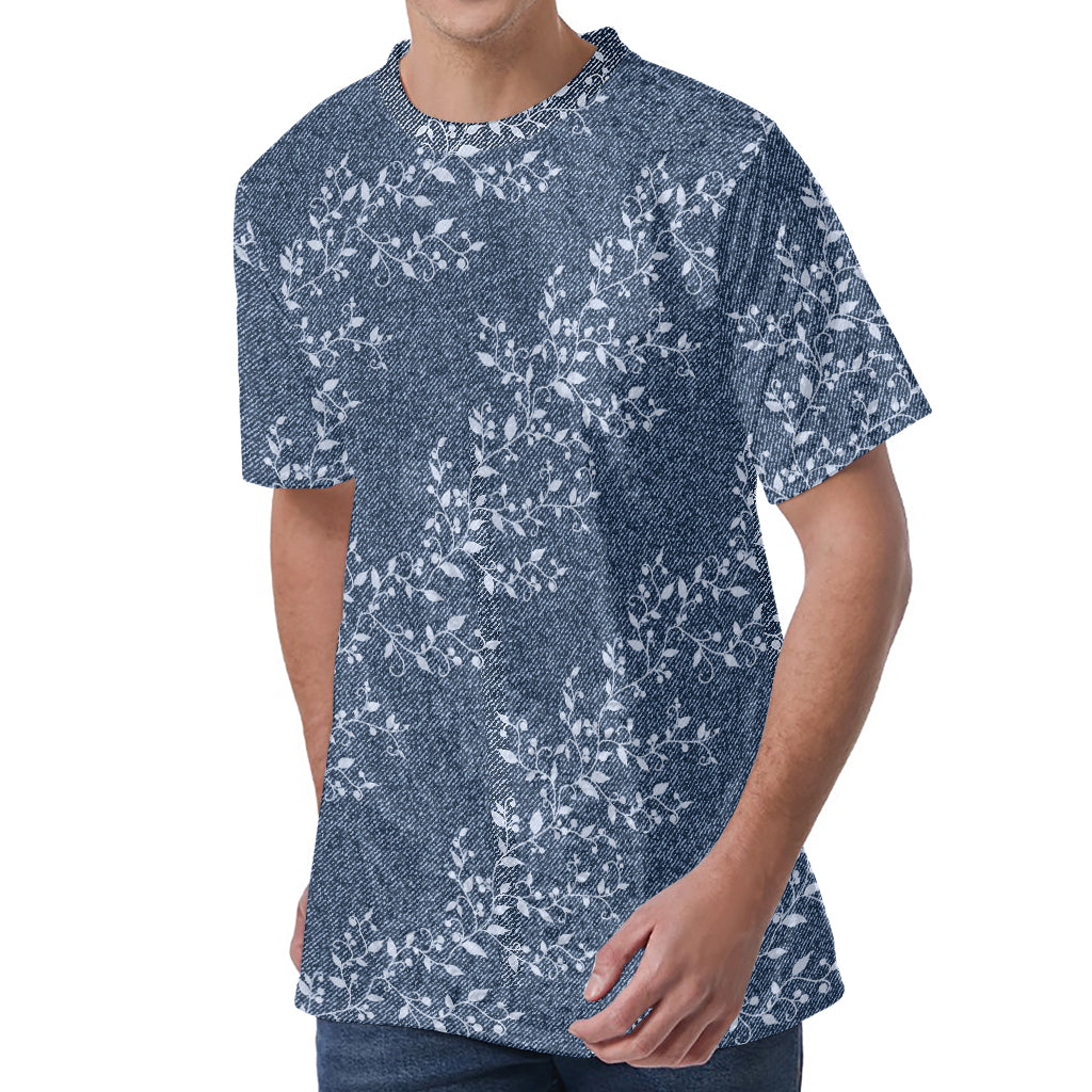 Ivy Flower Denim Jeans Pattern Print Men's Velvet T-Shirt