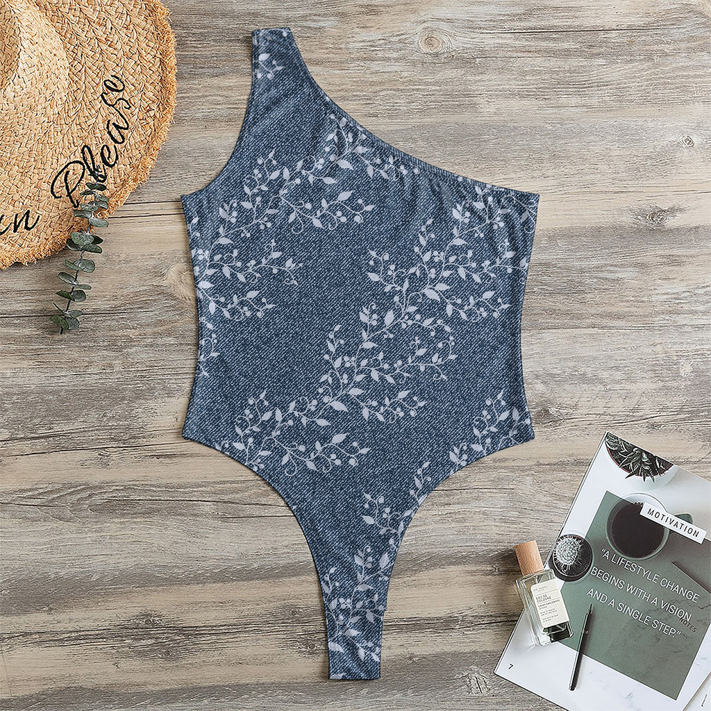 Ivy Flower Denim Jeans Pattern Print One Shoulder Bodysuit