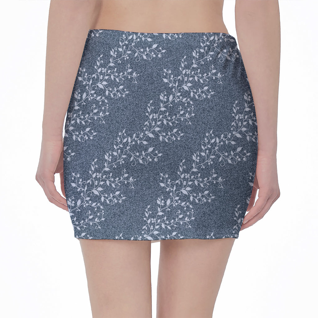 Ivy Flower Denim Jeans Pattern Print Pencil Mini Skirt