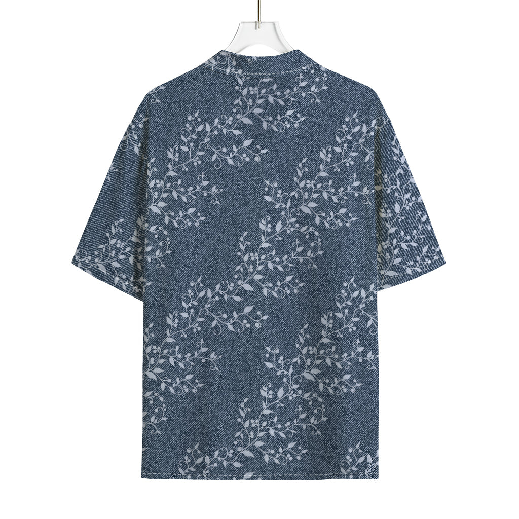 Ivy Flower Denim Jeans Pattern Print Rayon Hawaiian Shirt