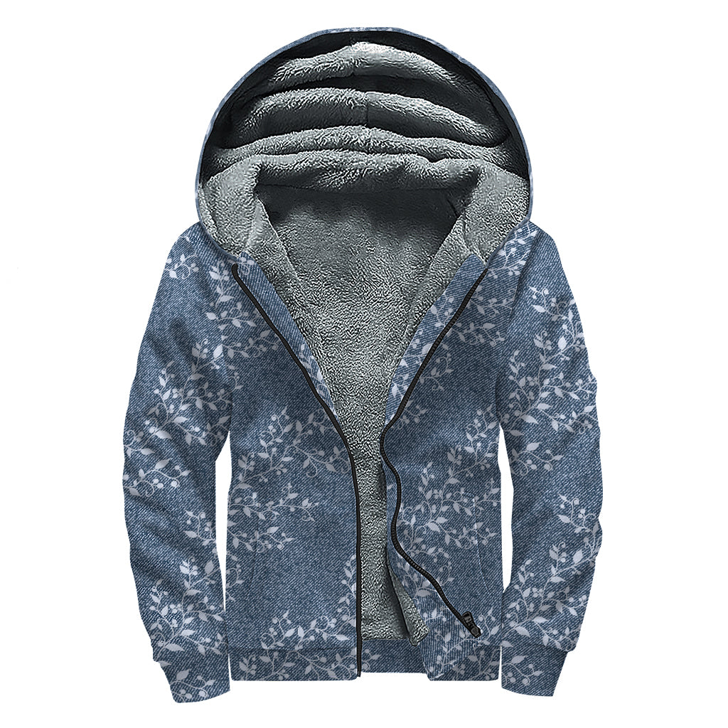 Ivy Flower Denim Jeans Pattern Print Sherpa Lined Zip Up Hoodie