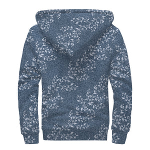 Ivy Flower Denim Jeans Pattern Print Sherpa Lined Zip Up Hoodie
