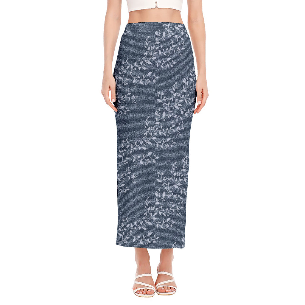 Ivy Flower Denim Jeans Pattern Print Side Slit Maxi Skirt