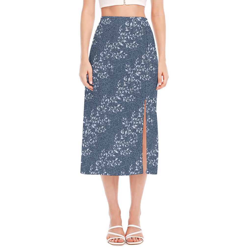 Ivy Flower Denim Jeans Pattern Print Side Slit Midi Skirt