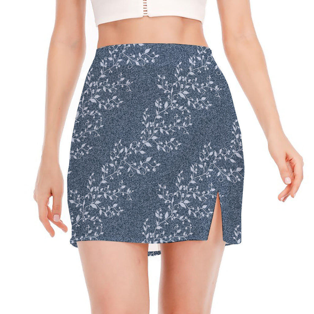 Ivy Flower Denim Jeans Pattern Print Side Slit Mini Skirt