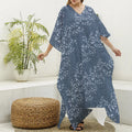 Ivy Flower Denim Jeans Pattern Print Silk V-Neck Kaftan Dress