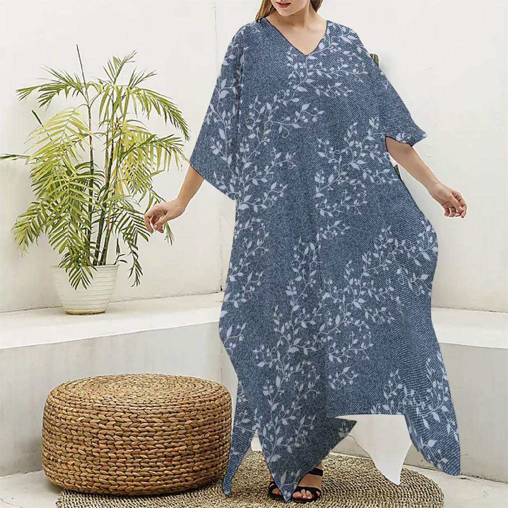 Ivy Flower Denim Jeans Pattern Print Silk V-Neck Kaftan Dress