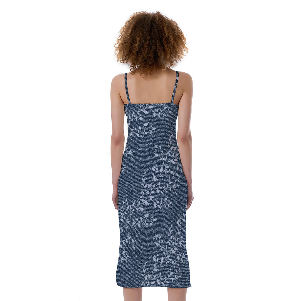 Ivy Flower Denim Jeans Pattern Print Slim Fit Midi Cami Dress