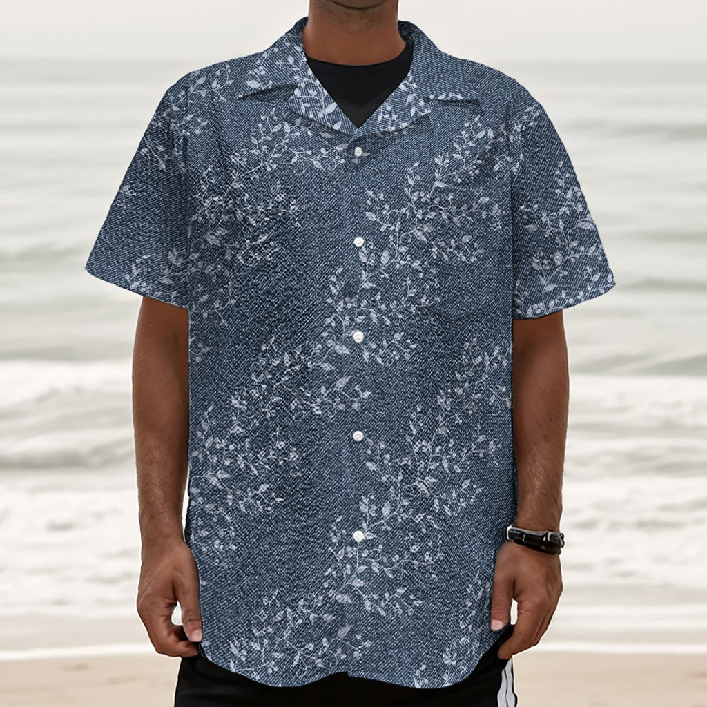 Ivy Flower Denim Jeans Pattern Print Textured Short Sleeve Shirt
