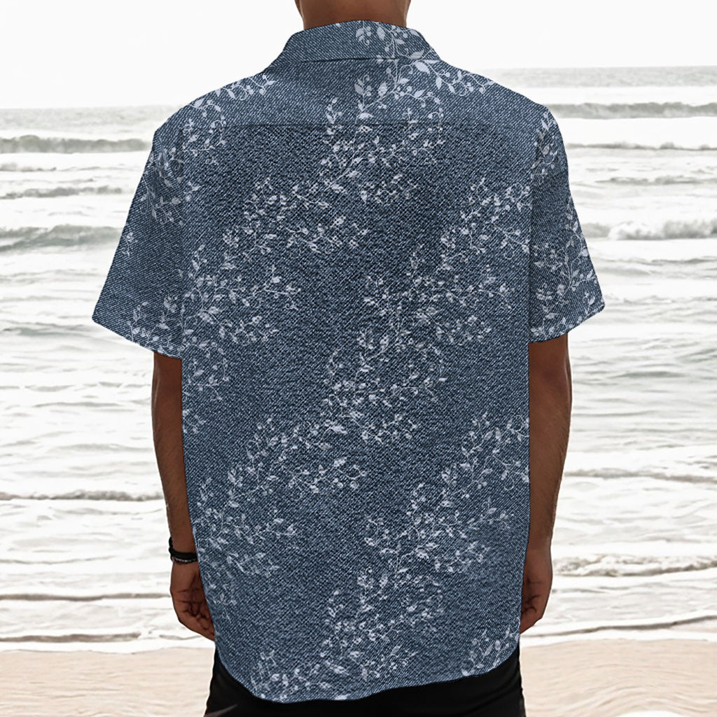Ivy Flower Denim Jeans Pattern Print Textured Short Sleeve Shirt
