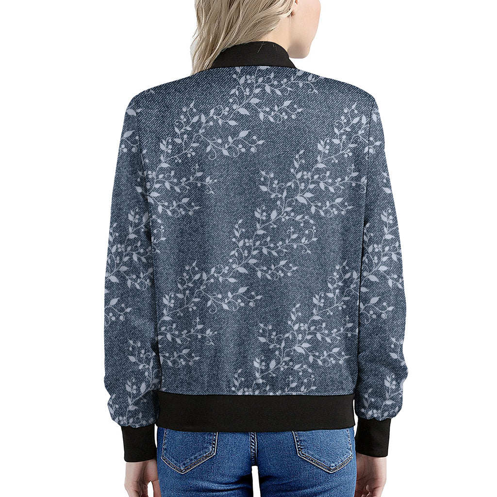 Ivy Flower Denim Jeans Pattern Print Women's Bomber Jacket