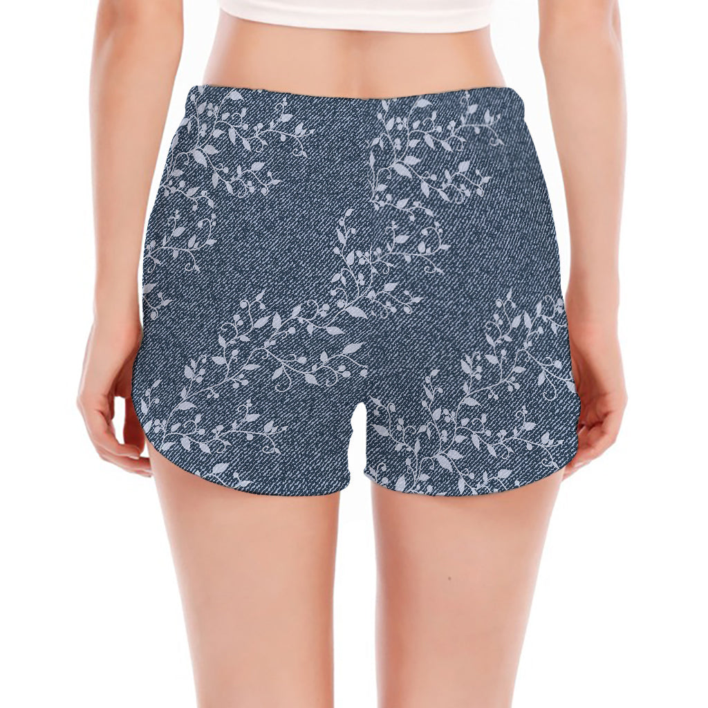 Ivy Flower Denim Jeans Pattern Print Women's Split Running Shorts