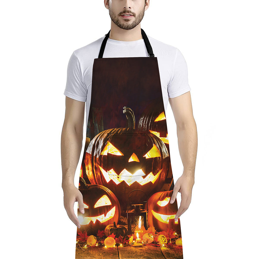 Jack-O'-Lantern Halloween Pumpkin Print Bib Apron With Pocket