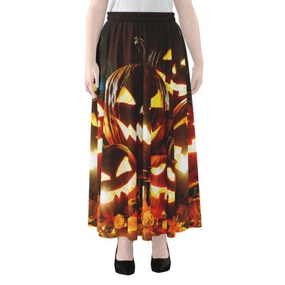 Jack-O'-Lantern Halloween Pumpkin Print Chiffon Maxi Skirt
