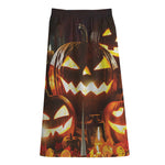 Jack-O'-Lantern Halloween Pumpkin Print Cotton Front Slit Maxi Skirt