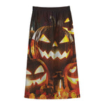Jack-O'-Lantern Halloween Pumpkin Print Cotton Front Slit Maxi Skirt