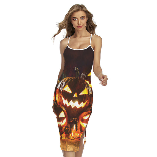 Jack-O'-Lantern Halloween Pumpkin Print Cross Back Cami Dress