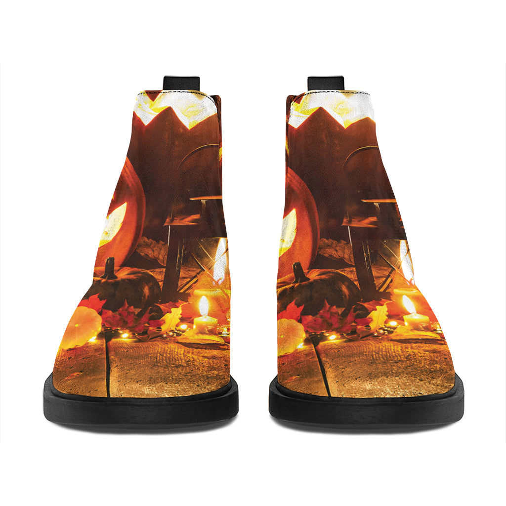 Jack-O'-Lantern Halloween Pumpkin Print Flat Ankle Boots