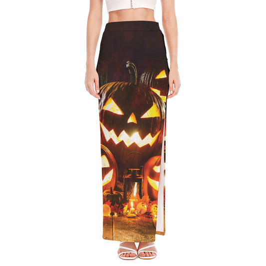 Jack-O'-Lantern Halloween Pumpkin Print High Slit Maxi Skirt