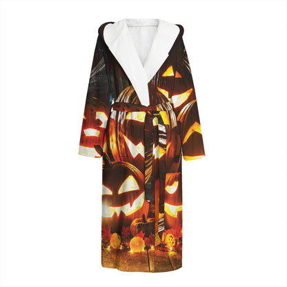 Jack-O'-Lantern Halloween Pumpkin Print Hooded Bathrobe