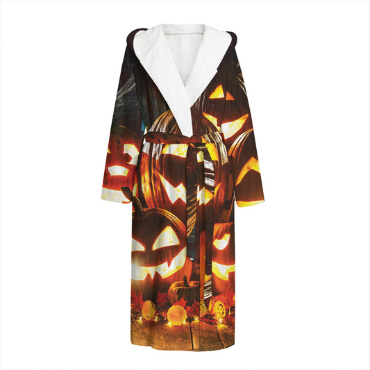 Jack-O'-Lantern Halloween Pumpkin Print Hooded Bathrobe