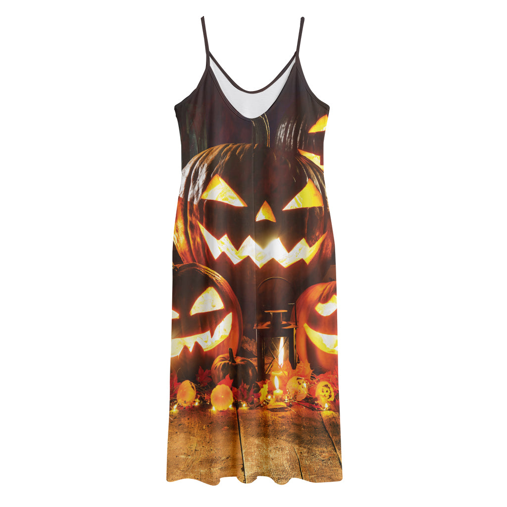 Jack-O'-Lantern Halloween Pumpkin Print Jersey Midi Cami Dress