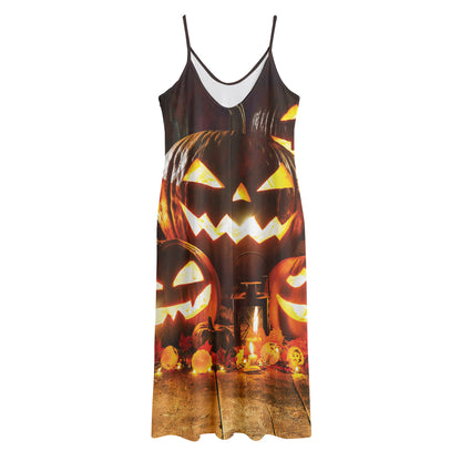 Jack-O'-Lantern Halloween Pumpkin Print Jersey Midi Cami Dress