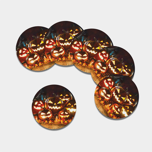 Jack-O'-Lantern Halloween Pumpkin Print Leather Coaster Set