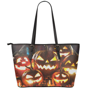 Jack-O'-Lantern Halloween Pumpkin Print Leather Tote Bag