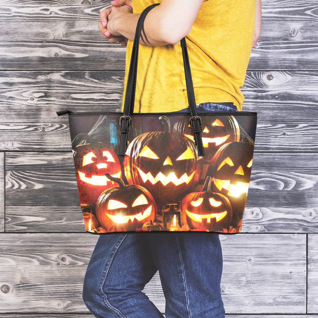 Jack-O'-Lantern Halloween Pumpkin Print Leather Tote Bag