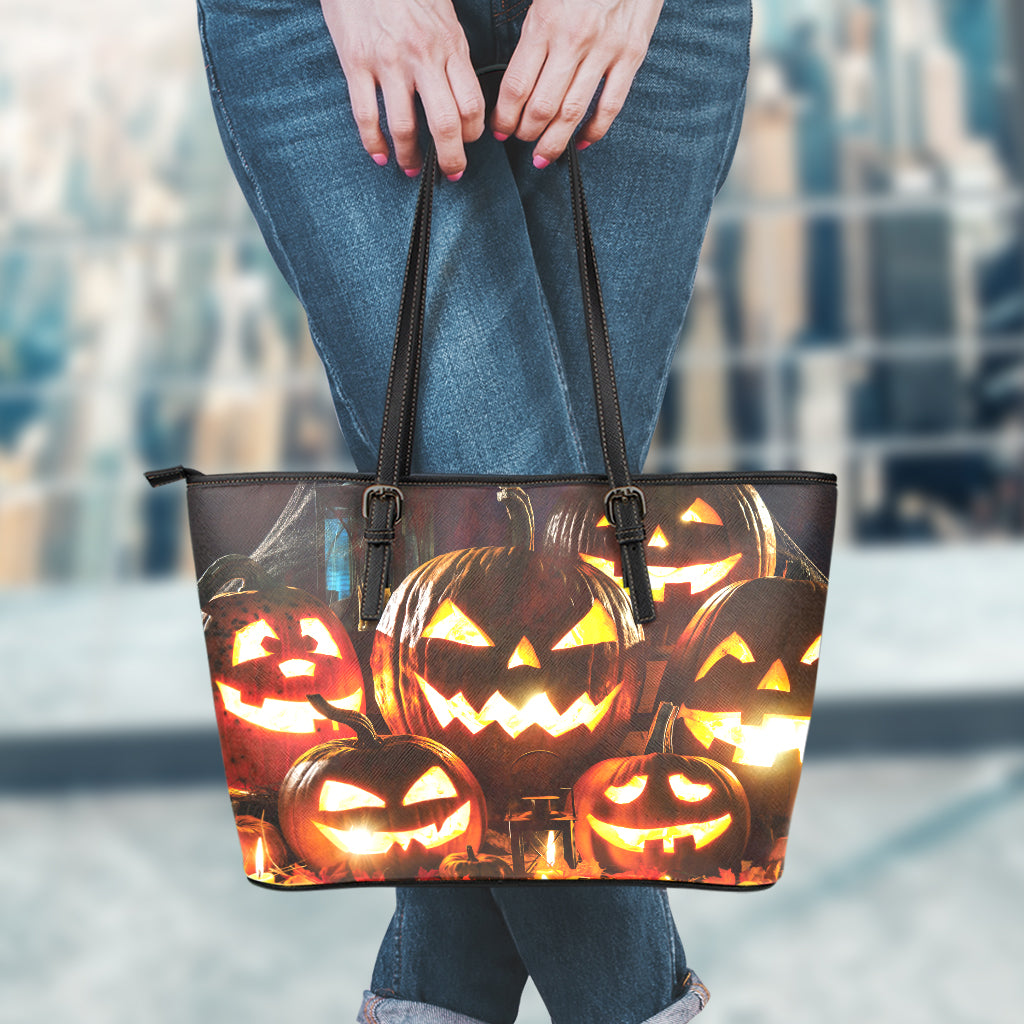 Jack-O'-Lantern Halloween Pumpkin Print Leather Tote Bag