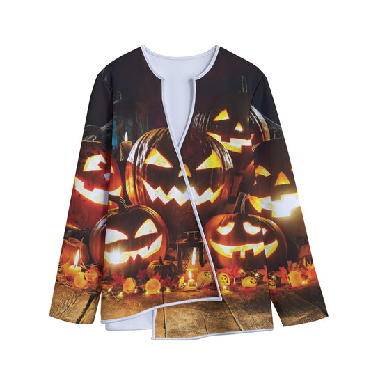 Jack-O'-Lantern Halloween Pumpkin Print Long Sleeve Short Coat