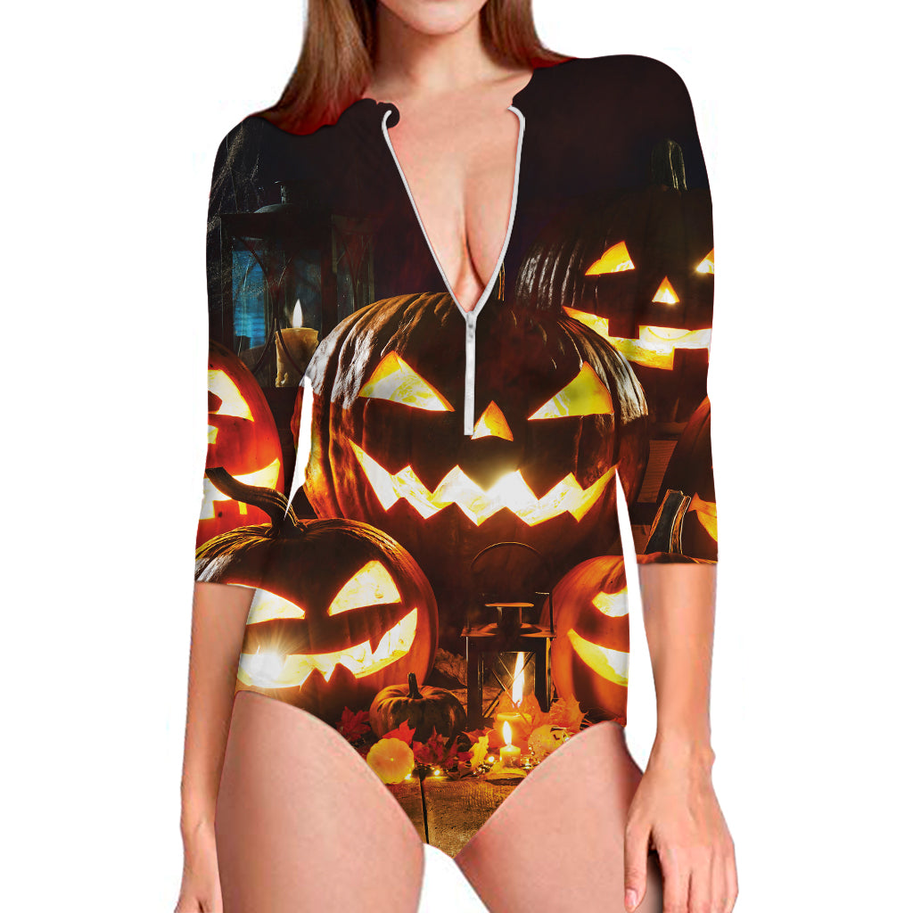 Jack-O'-Lantern Halloween Pumpkin Print Long Sleeve Swimsuit