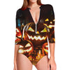 Jack-O'-Lantern Halloween Pumpkin Print Long Sleeve Swimsuit