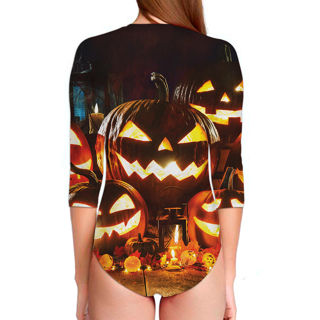 Jack-O'-Lantern Halloween Pumpkin Print Long Sleeve Swimsuit