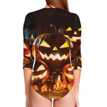 Jack-O'-Lantern Halloween Pumpkin Print Long Sleeve Swimsuit