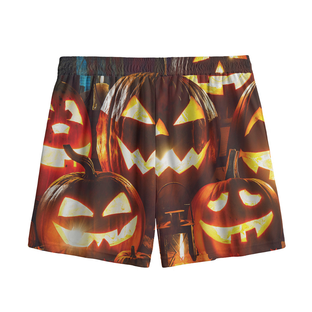 Jack-O'-Lantern Halloween Pumpkin Print Mesh Shorts
