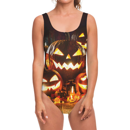Jack-O'-Lantern Halloween Pumpkin Print One Piece Swimsuit