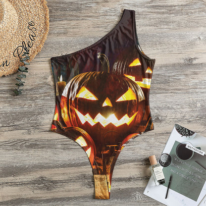 Jack-O'-Lantern Halloween Pumpkin Print One Shoulder Bodysuit