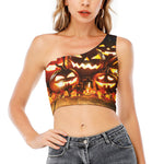 Jack-O'-Lantern Halloween Pumpkin Print One Shoulder Crop Top