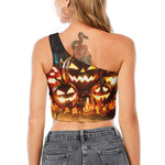 Jack-O'-Lantern Halloween Pumpkin Print One Shoulder Crop Top