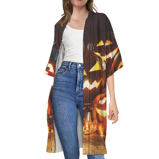 Jack-O'-Lantern Halloween Pumpkin Print Open Front Beach Cover Up