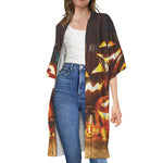 Jack-O'-Lantern Halloween Pumpkin Print Open Front Beach Cover Up