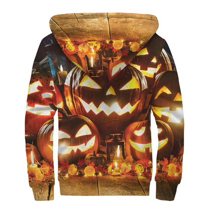 Jack-O'-Lantern Halloween Pumpkin Print Sherpa Lined Zip Up Hoodie