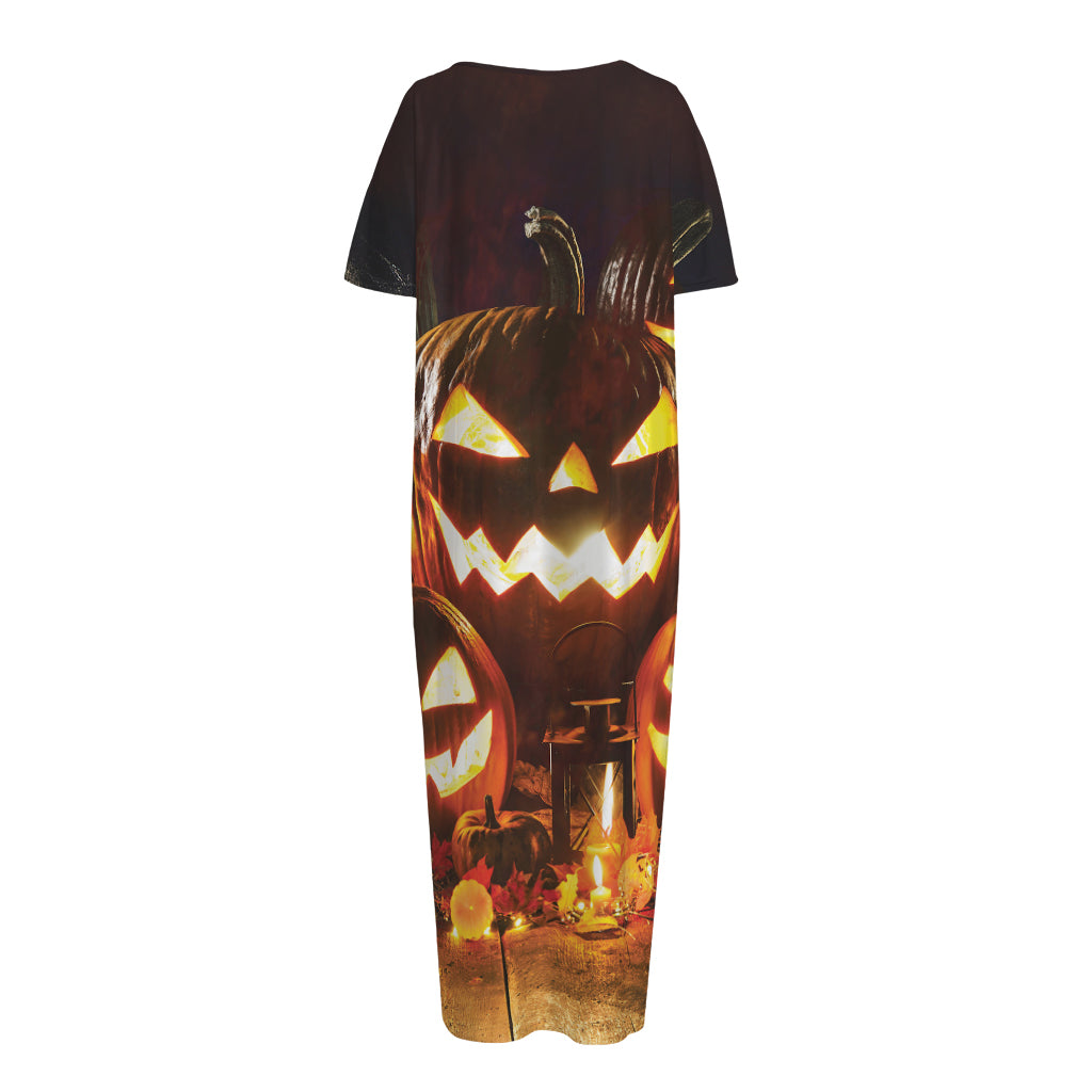 Jack-O'-Lantern Halloween Pumpkin Print Short Sleeve Long Nightdress