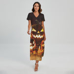 Jack-O'-Lantern Halloween Pumpkin Print Short Sleeve Maxi Dress