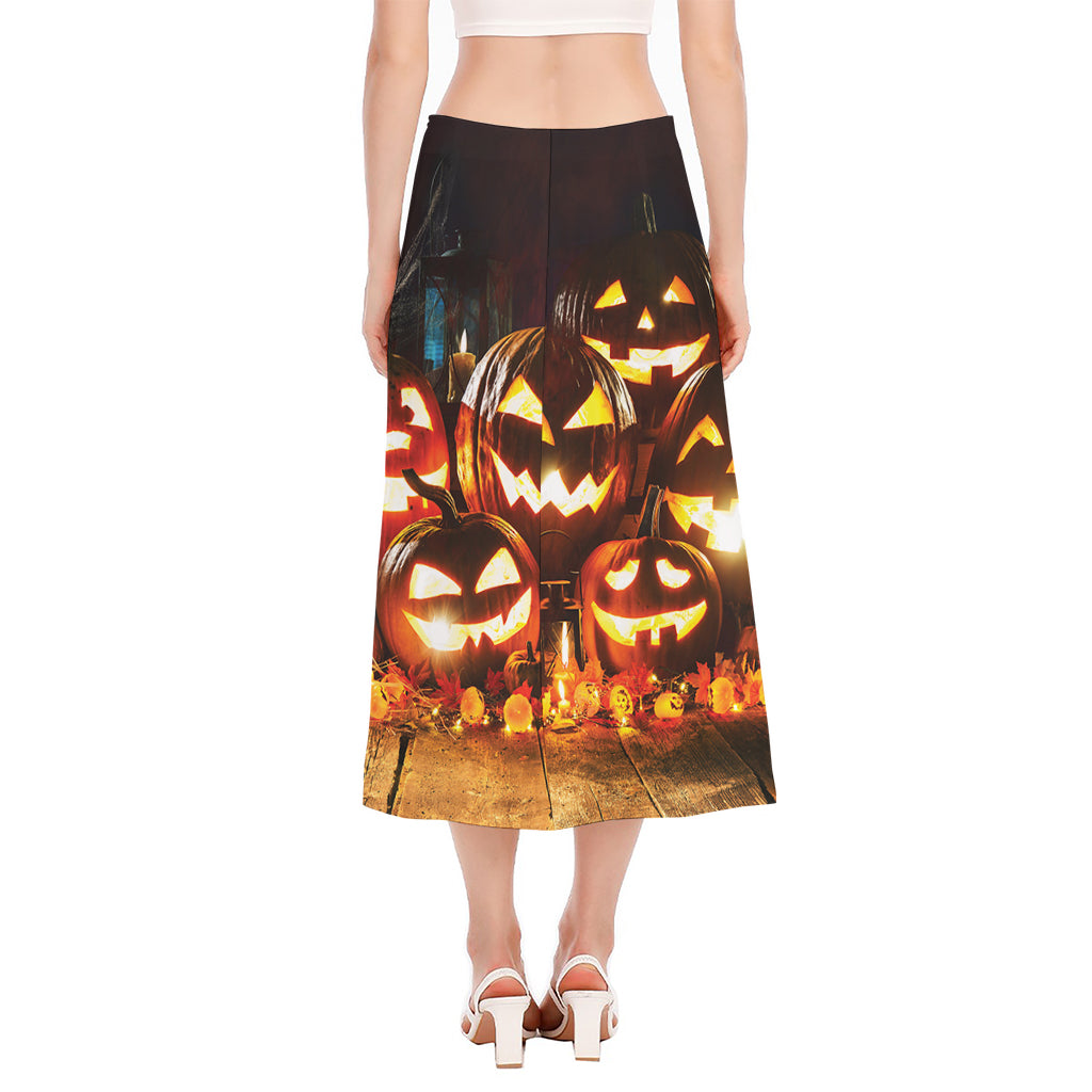 Jack-O'-Lantern Halloween Pumpkin Print Side Slit Midi Skirt