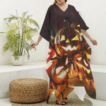 Jack-O'-Lantern Halloween Pumpkin Print Silk V-Neck Kaftan Dress