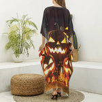 Jack-O'-Lantern Halloween Pumpkin Print Silk V-Neck Kaftan Dress